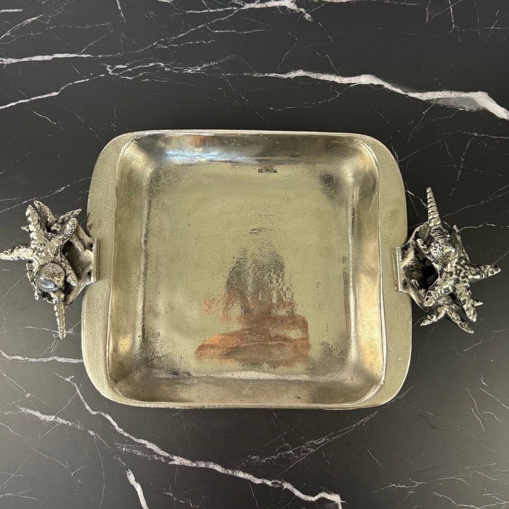VTG Polished Metalcraft Serving Dish Shell Starfish Barnacles Handles 11" X 9"